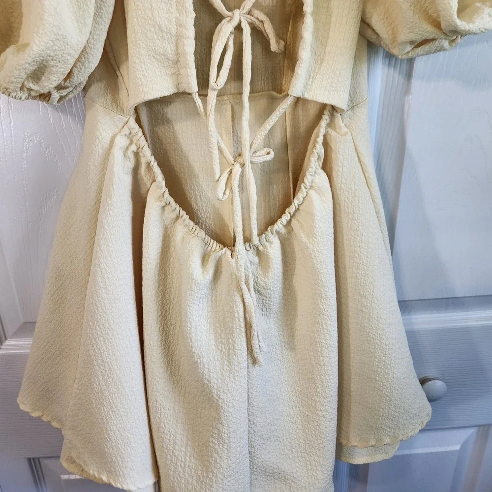 Hyfve Butter‎ Yellow Puff Sleeve Open Tie Back Tiered Romper Size Med Soft Girl